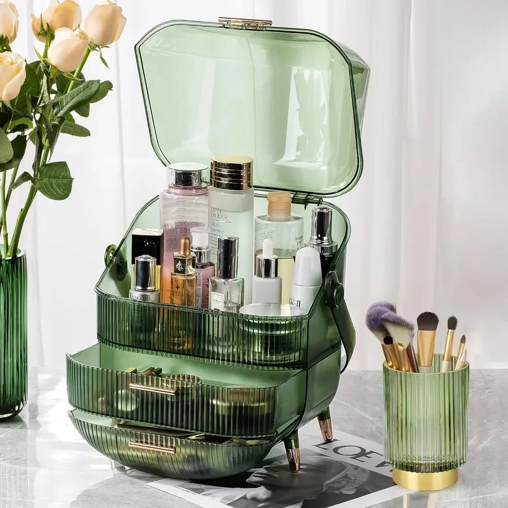 

t Large Capacity Cosmetic Storage, Cosmetic Display Case with Glass Brush Holder