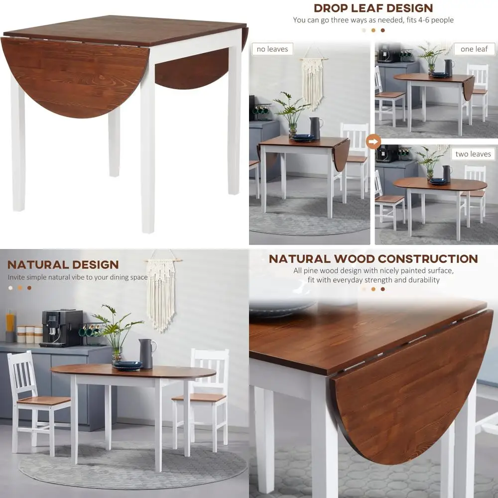 HOMCOM 55 طاولة مطبخ من الخشب الصلب تتسع لـ 4-6 أشخاص، طاولات أوراق قطرة بيضاوية للمساحات الصغيرة، طاولة طعام قابلة للطي، بني #1