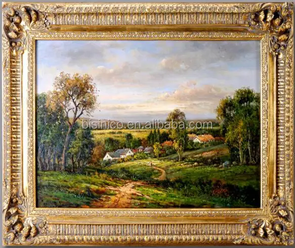 Country Side Landscape Oil Painting With Wooden Frame, Vintage Antique Wall Picture