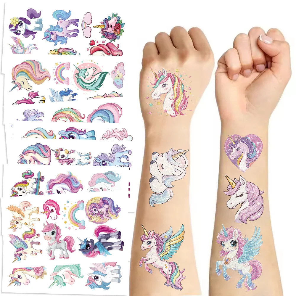 10/14 Sheets Glittering Unicorn Tattoo Stickers for Personalized Decoration, Temporary Tattoos for Children Kids