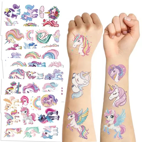 10/14 Sheets Glittering Unicorn Tattoo Stickers for Personalized Decoration, Temporary Tattoos for Children Kids