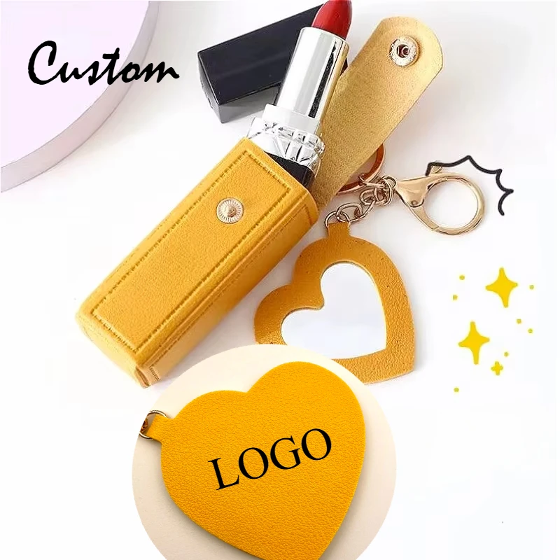 Portable Leather Lipstick Bag Keychain with Mirror Custom Logo Name Mini Makeup Pouch Protective Cover Versatile Gift for Women