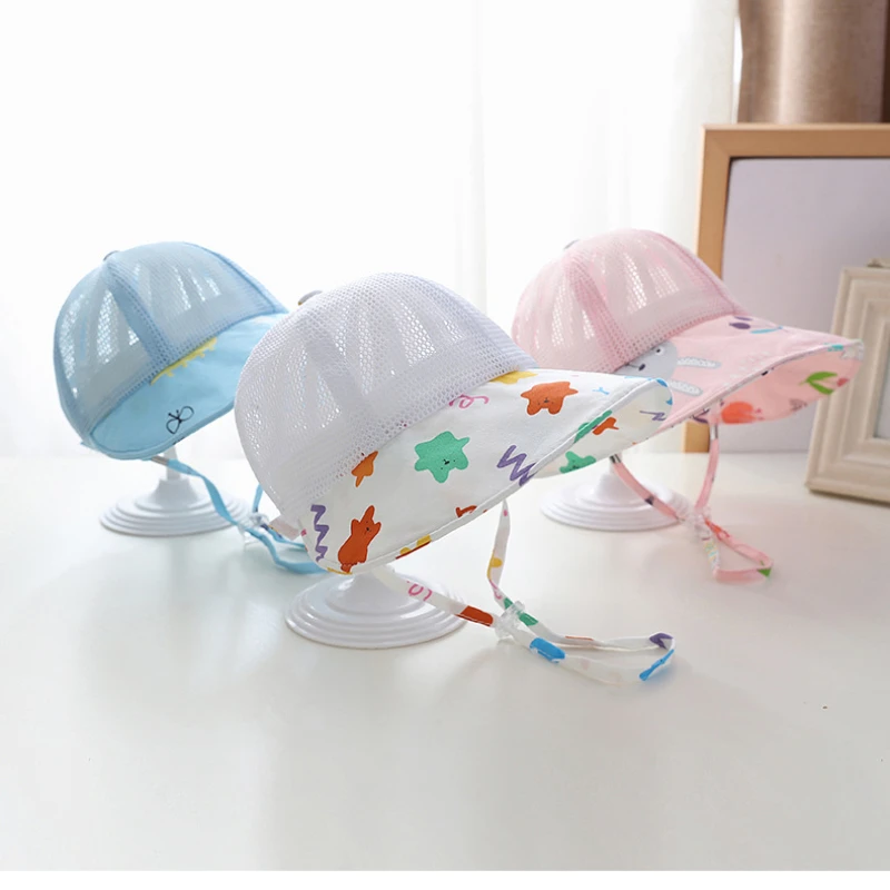 4 Colors Summer Outdoor Cute Cartoon Sunscreen Mesh Sun Hat for Kids Breathable Wide Brim Boys Cap Girls Sunshade Hearwear 1-5Y