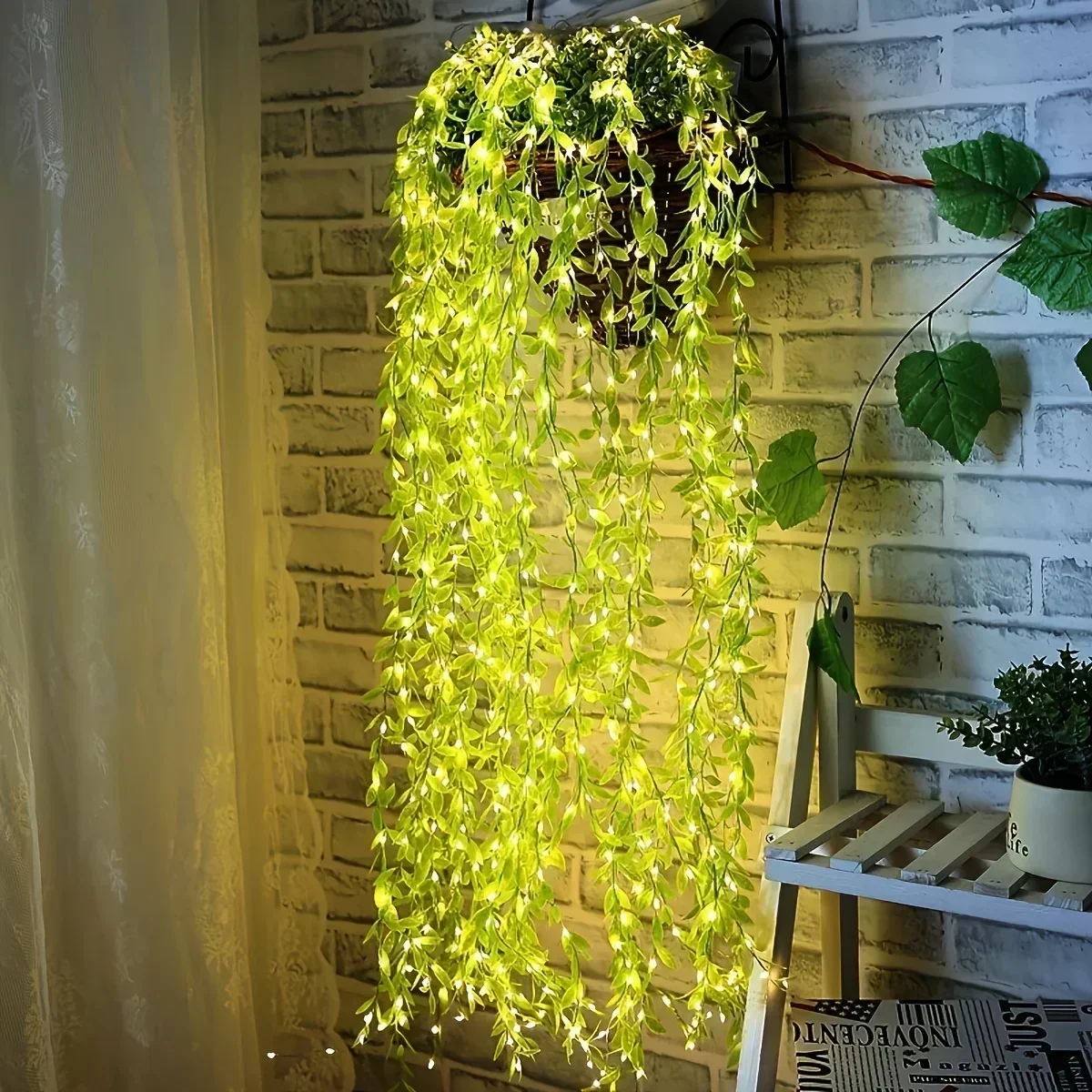 2/3M 20LED Leaf String Lights USB Plug Willow Curtain Lamp Bedroom Decorative Imitation Green Leafy Rattan Copper Wire Light