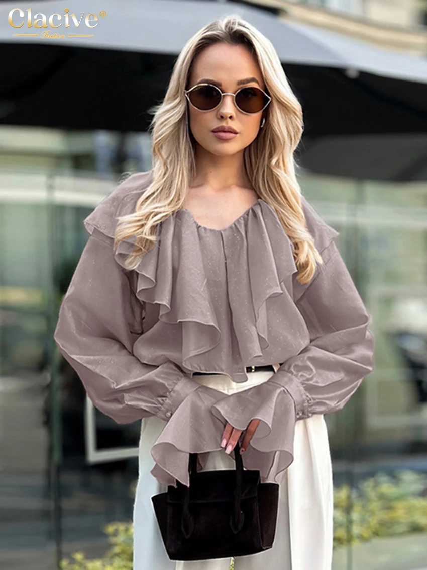 Clacive Fashion Loose Khaki Women's Shirt 2025 Casual V-Neck Long Sleeve Shirts Elegant Classic Ruffles Tops Female Clothing