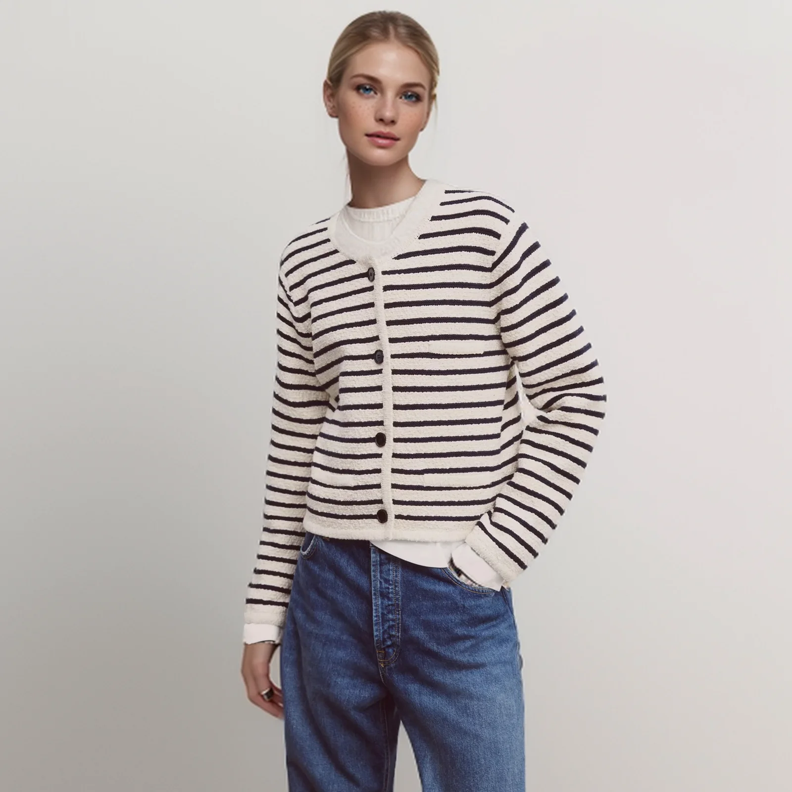 

Cos Lris Women's 2024 Summer New Casual Small Fragrance Style Striped Round Neck Short Sweater Knitted Cardigan Jacket