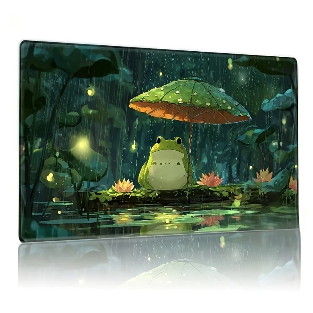 Fat frog sleeps under an umbrella on a lotus leaf. Collectible trading card game pad / mouse pad PC accessories for gamers