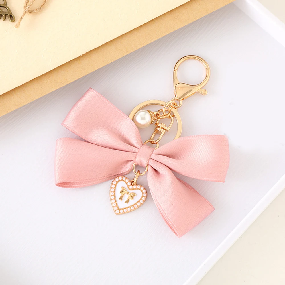 Imitation Pearl Keychain Sweet Fashion Ribbon Bowknot Keyring Accessories Metal Buckle Women Bag Charms Best Gifts Jewelry