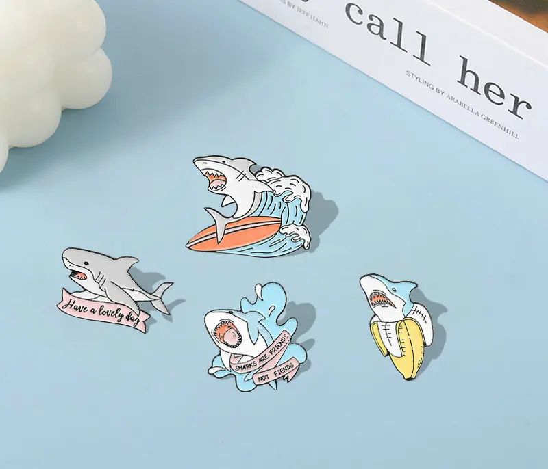 Shark are Friends Enamel Pin Custom Shark Week Banana Surfing Brooches Bag Lapel Pin Fun Animal Badge Cute Jewelry Gift for Kids