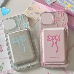 INS Korean Cute Bow For Magsafe Magnetic Card Clip Phone Case For iPhone 15 Pro MaxWallet Card Holder Phone Accessorie