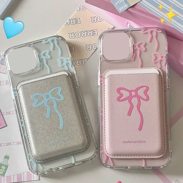 INS Koreańska urocza kokardka do magnetycznego klipsa na kartę Magsafe Etui na telefon do iPhone'a 15 Pro Max Uchwyt na kartę Portfel Akcesoria do telefonu
