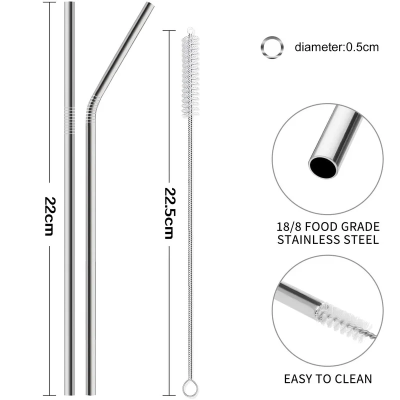 Colorful Stainless Steel Straws Straight/Elbow Pipe Reusable Drinking Straw Straws with Cleaner Brush Set Party Bar Accessories