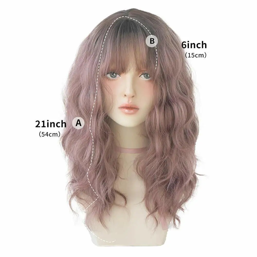 21 Inch Long Fluffy Curly Wavy Bang Natural Heat-Resistant Wigs