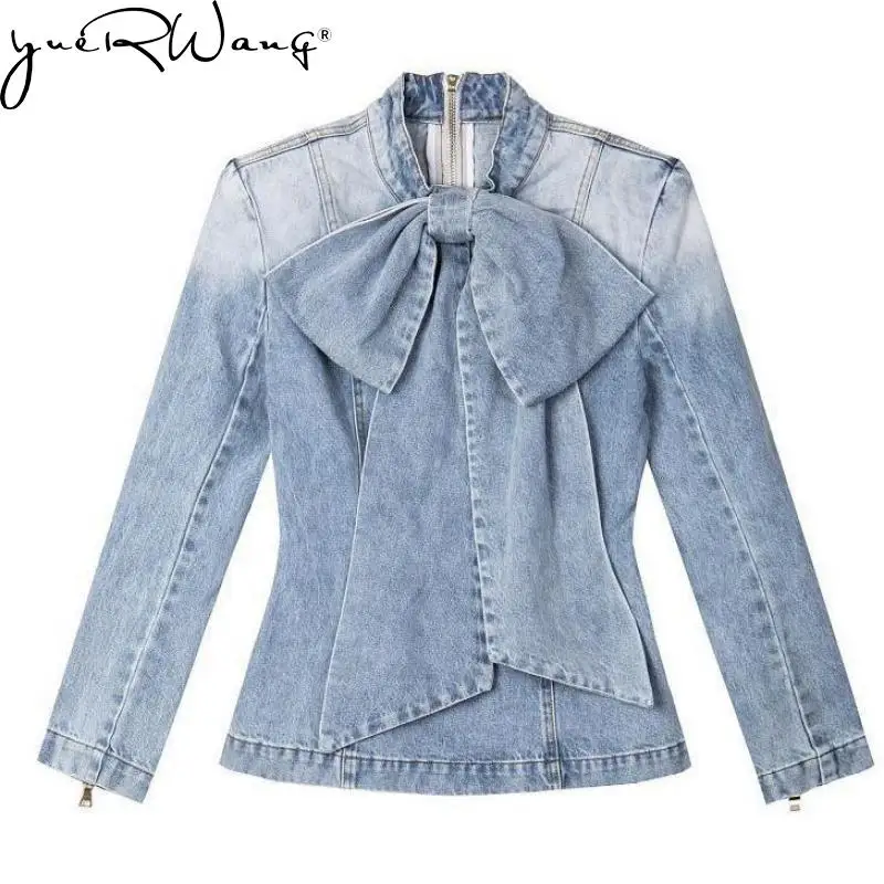 Yuerwang Women Blouse Denim blouse Long Sleeve Jean Blouses Retro Bow Women Shirt All Match Ladies Tops Spring Top 2022 Fashion