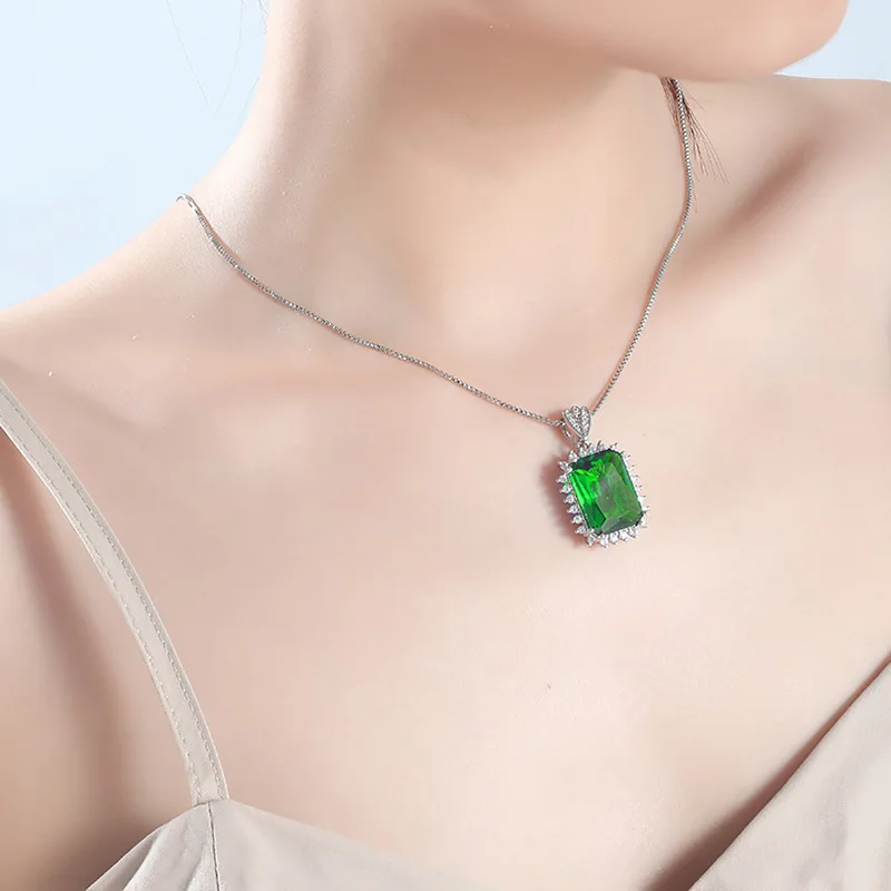 Geometric sapphire, ruby, emerald pendant for ladies, 925 sterling silver collar chain. Fashion jewelry.