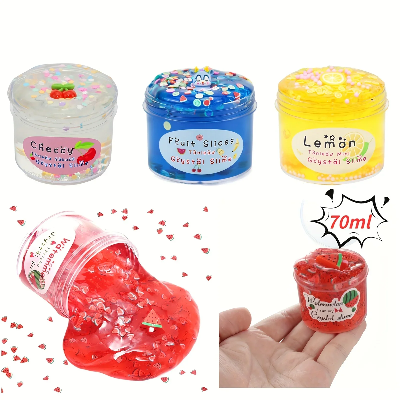 70ml Crystal Mud Slime Fruit Mud Coconut Mud Soft Ceramic Chip Fruit Slice Color Mud Decompressing Toy Watermelon Lemon Cherry