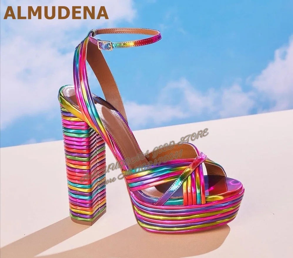 

ALMUDENA Rainbow Stripe Chunky Heel Sandals Platform Colorful Thin Strappy Dress Shoes Buckle Block Heels Elegant Banquet Pumps