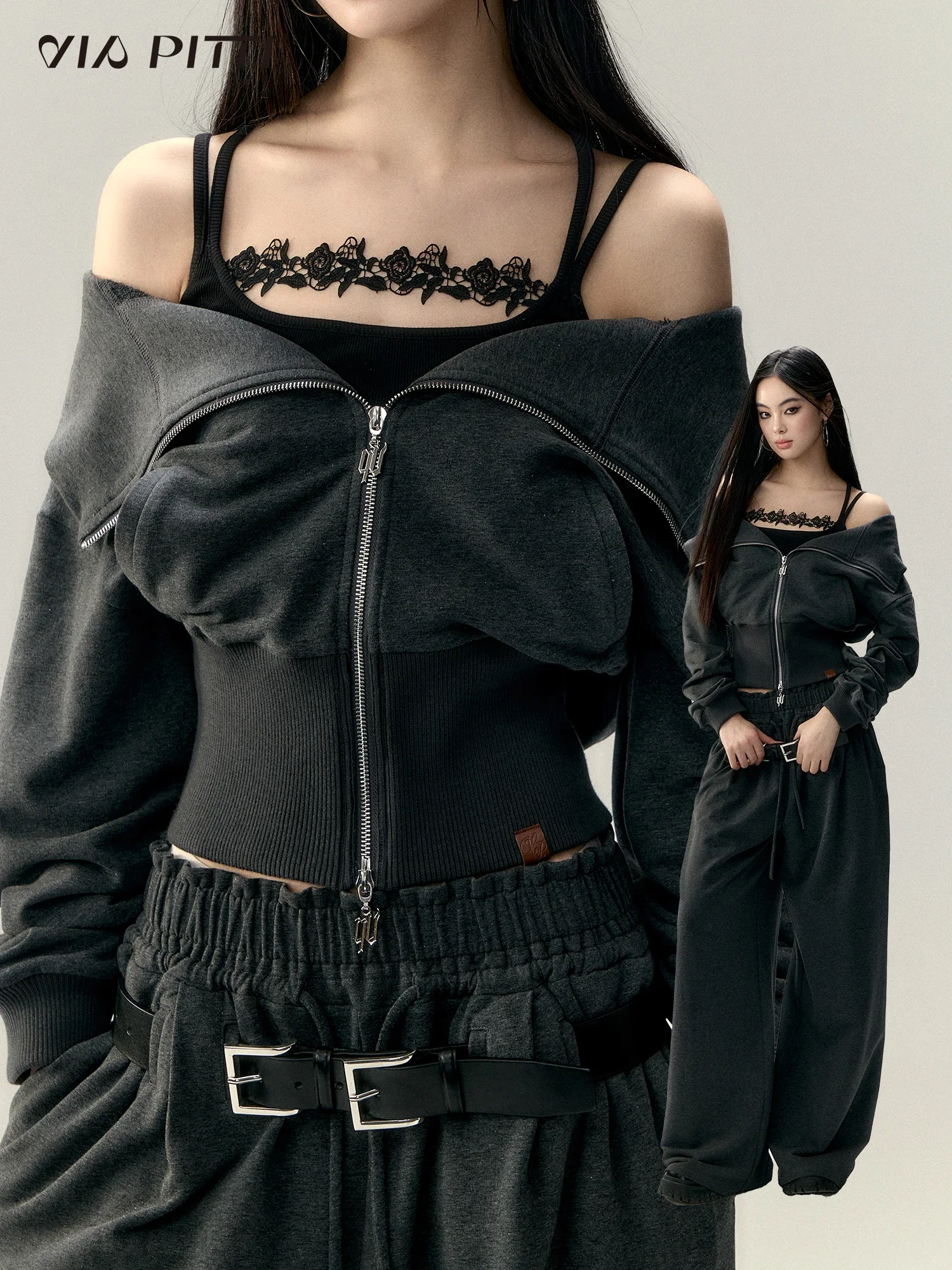 VIAPITTI two ways wear big turn-down collar casual coat slim short zip-up off shoulder sexy punk long sleeve top jackets women
