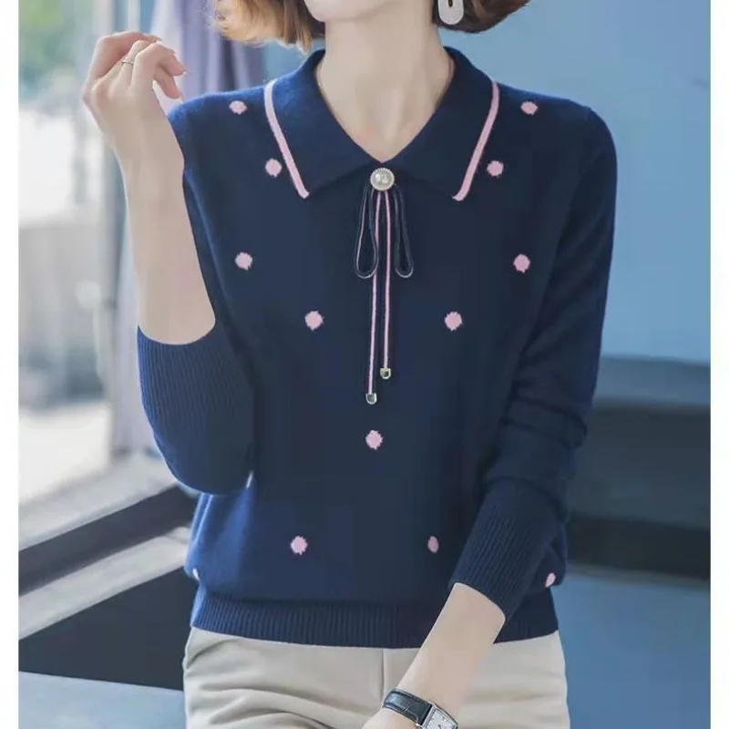 Women Autumn Simplicity Loose Elegant Solid Color Turn-down Collar Long Sleeve Knitwear Ladies All-match Trend Knitting Tops