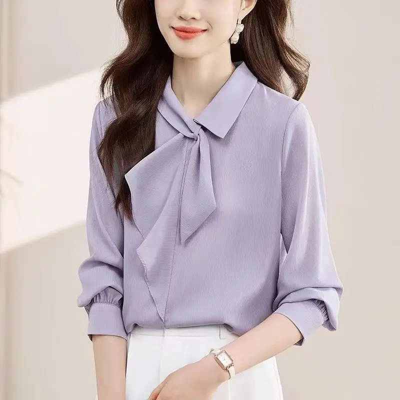 Spring and Autumn Light Mature Commuting Simple and Fashionable Ribbon Collar Loose and Versatile Solid Color Long Sleeved Shirt