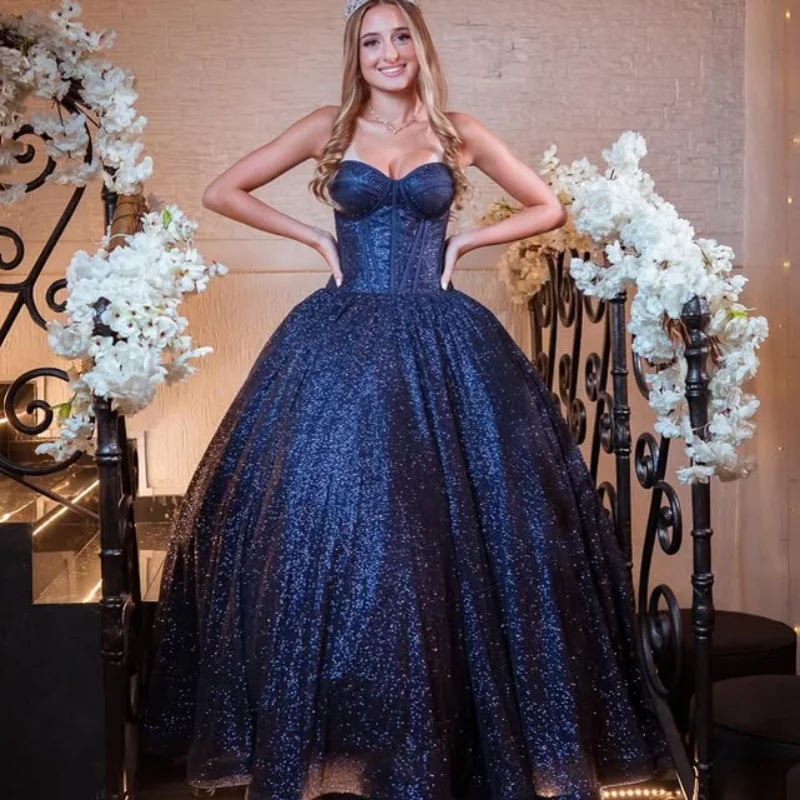 Простое блестящее темно-синее платье Quinceanera с открытыми плечами по индивидуальному заказу, аппликация с кристаллами и длинным хвостом, платья de 15, Quinceanera