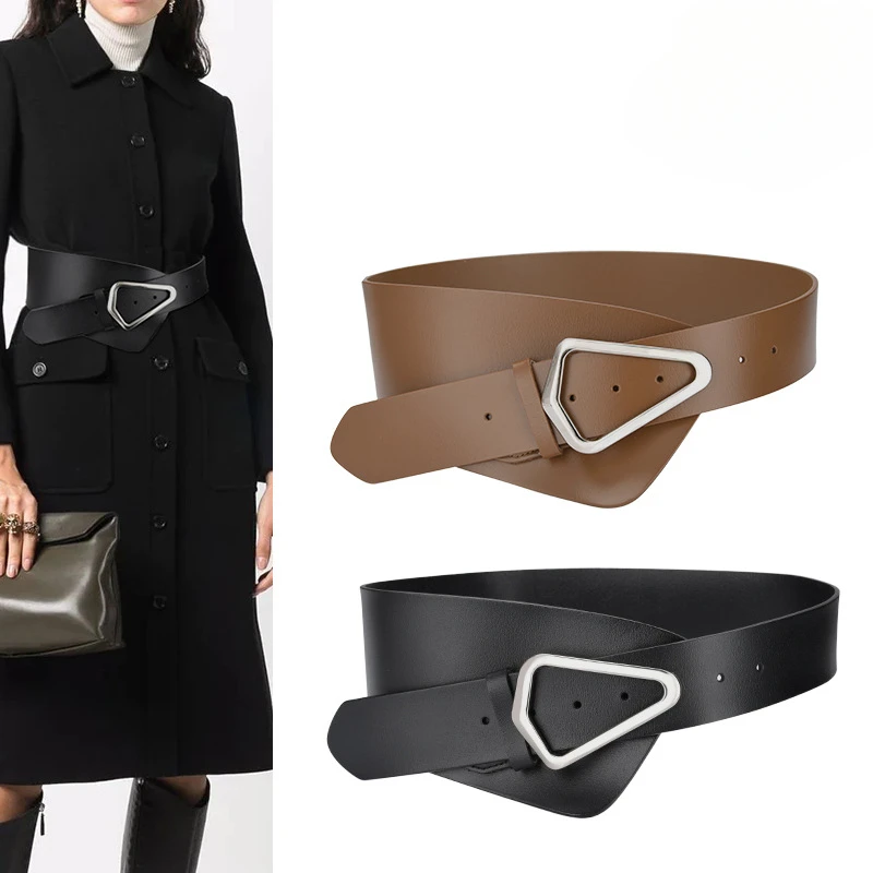 

Western Leather Asymmetry Sliver Buckle Wide Women Waistband Belt Fashion Dress Coat Sweater Cummerbund for Ladies