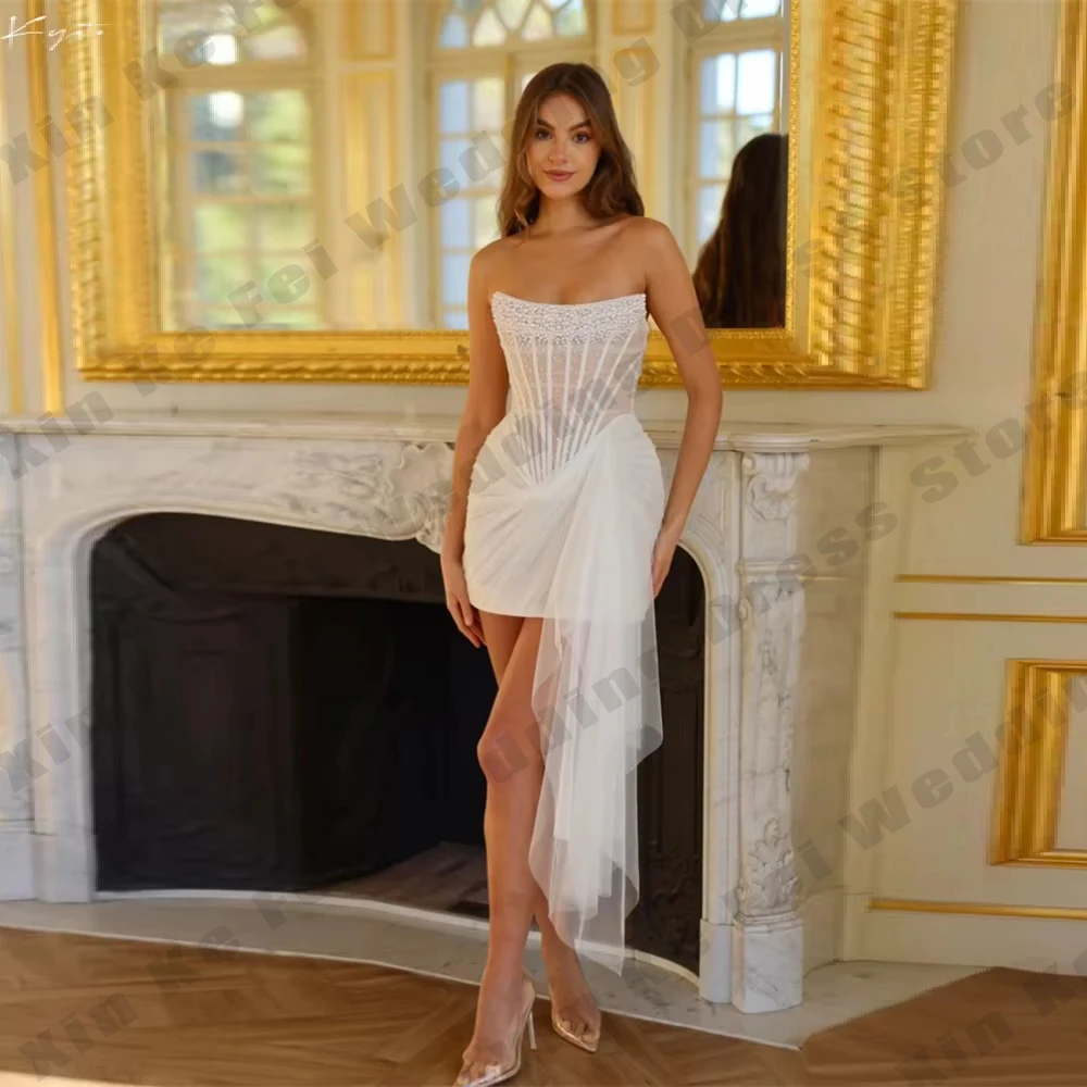 فساتين زفاف نسائية عاجية تنورة قصيرة مثيرة بدون أكتاف بدون أكمام فساتين زفاف الأميرة فستان رسمي لحفلات الشاطئ حسب الطلب