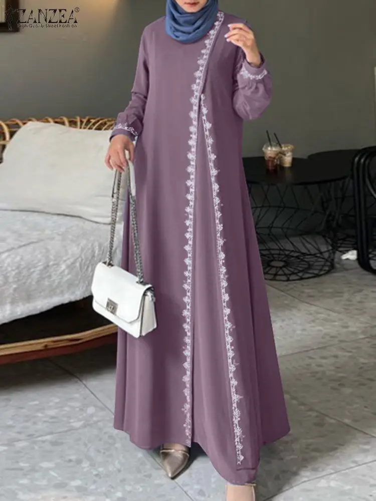 2024 ZANZEA Fashion Long Sleeve Lace Crochet Maxi Sundress Muslim Fashion Dress Abaya Dubai Vestidos Robe Femme Islamic Clothing