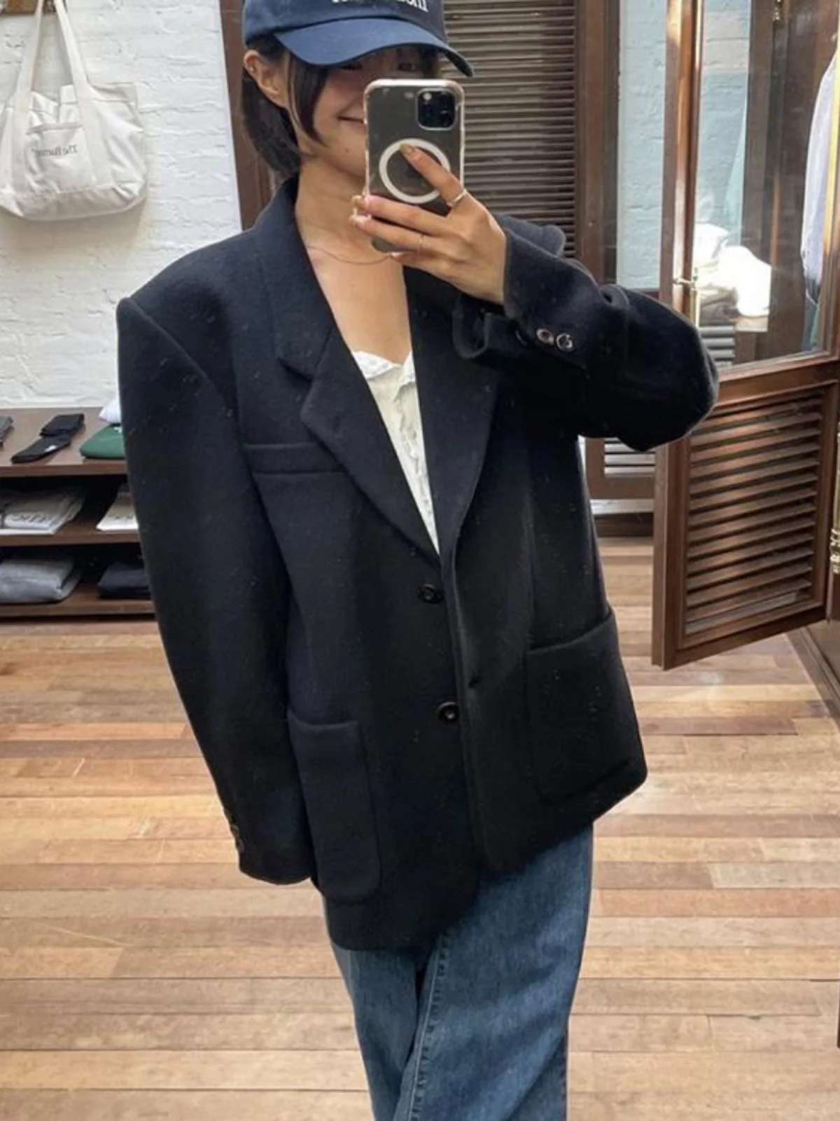 

Ele Woolen Suit Jaet Korean Sle Women's Casual Wear ket Detail Commute Faion Long Sve Regular Fit Coat