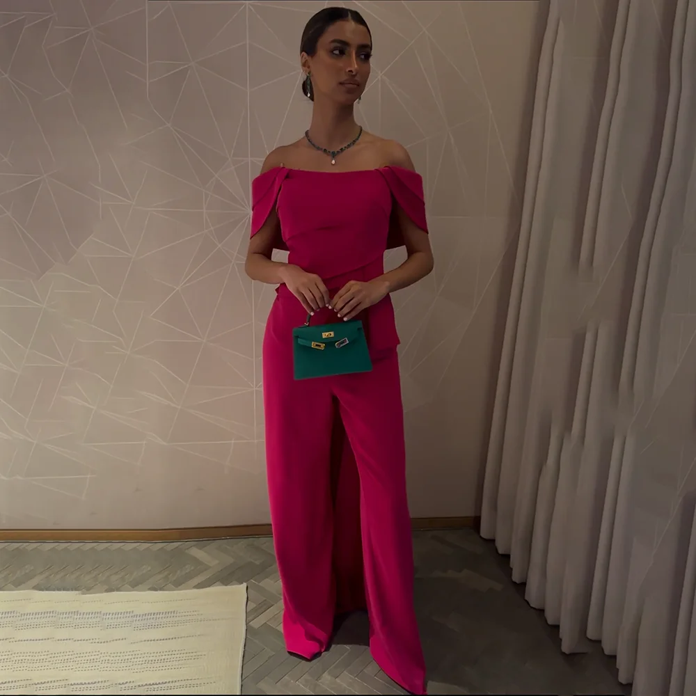 

Fuchsia Evening Dress Off the Shoulder Jumpsuit Jersey Evening Gowns for Women 2025 Floor Length Formal Party Dress Customized