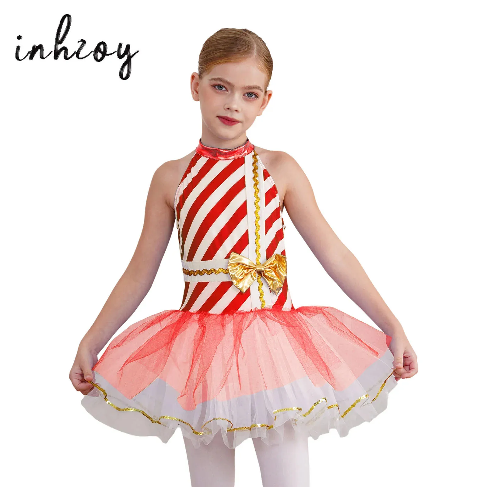 

Kids Girls Candy Cane Striped Sequins Christmas Dance Costume Bowknot Mesh Tutu Ballet Leotard Figure Ice Skating Dancewear ﻿