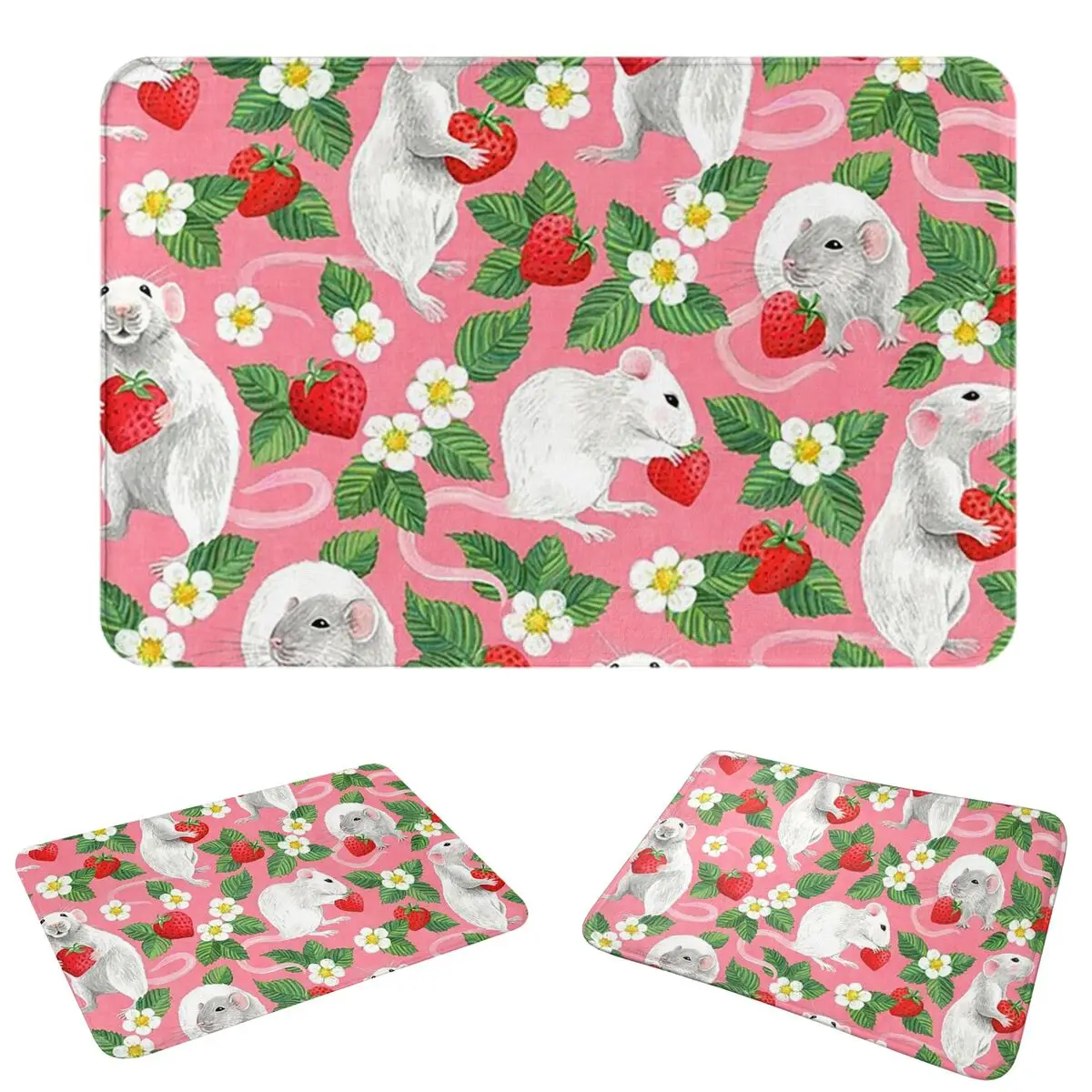Rats Love Strawberries On Bright Pink Doormat Water oil proof Carpet Rug Kitchen Entrance Home Floor Mat for Balcony Footpad Mat