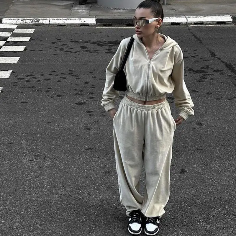 Casual Street Sle Women's Long Sve Hooded Open Cardigan Loose Pants Two-Piece Set Faionable Zipper Pure Color Low Waist