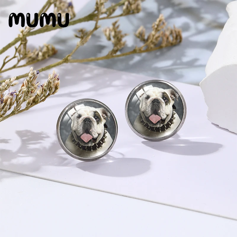 Pendientes de tuerca de Bulldog Inglés, joyería de cabujón de cúpula de cristal de perro genial, 12mm, redondo, 2023
