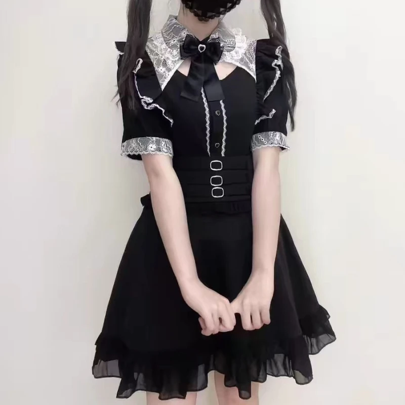 

Japanese High Street Fashion Popular Spliced Lace Turn Down Collar and Tie Blouse High Waist Summer Pleated Skirt Y2k Piece Sets