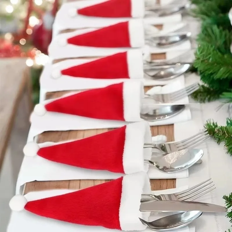 1/100pcs Christmas Tableware Holder Mini Santa Hat Knife Fork Cutlery Bag New Year Party Ornaments Home Dinner Table Decoration