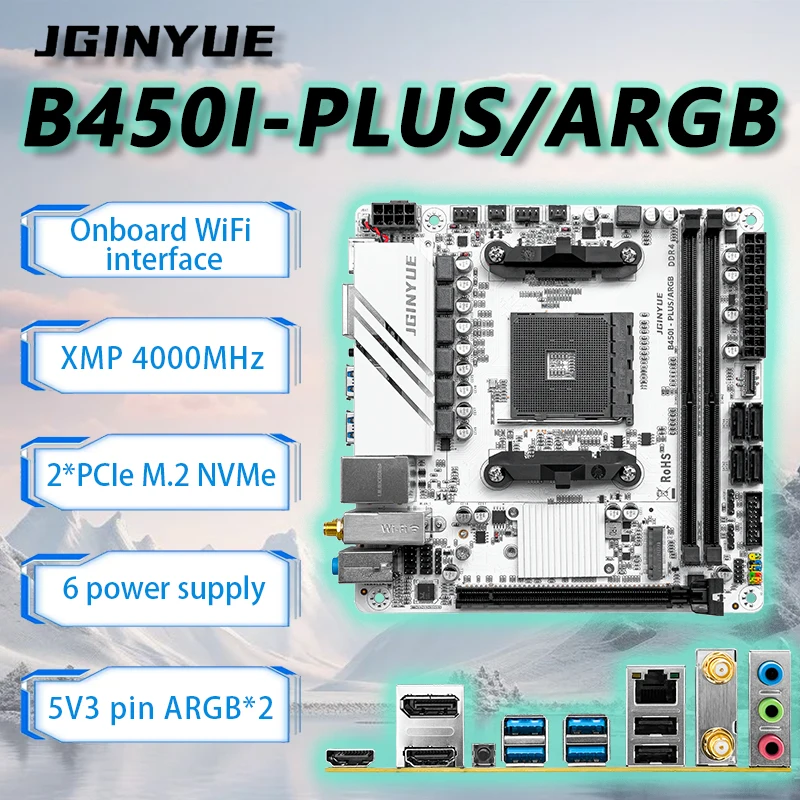 JGINYUE B450 Mini ITX Motherboard AM4 supports Ryzen 2000-5000 series DDR4 RAM EXPO CPU Desktop PC WiFi Version B450i PLUS ARGB