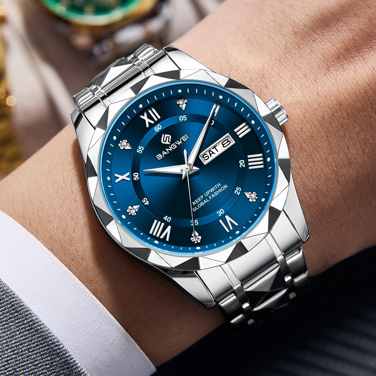 BANGWEI Fashion Luxury Stainless Steel Men Calendar Quartz Watch Mens Business Watches for Man Clock Reloj Hombre