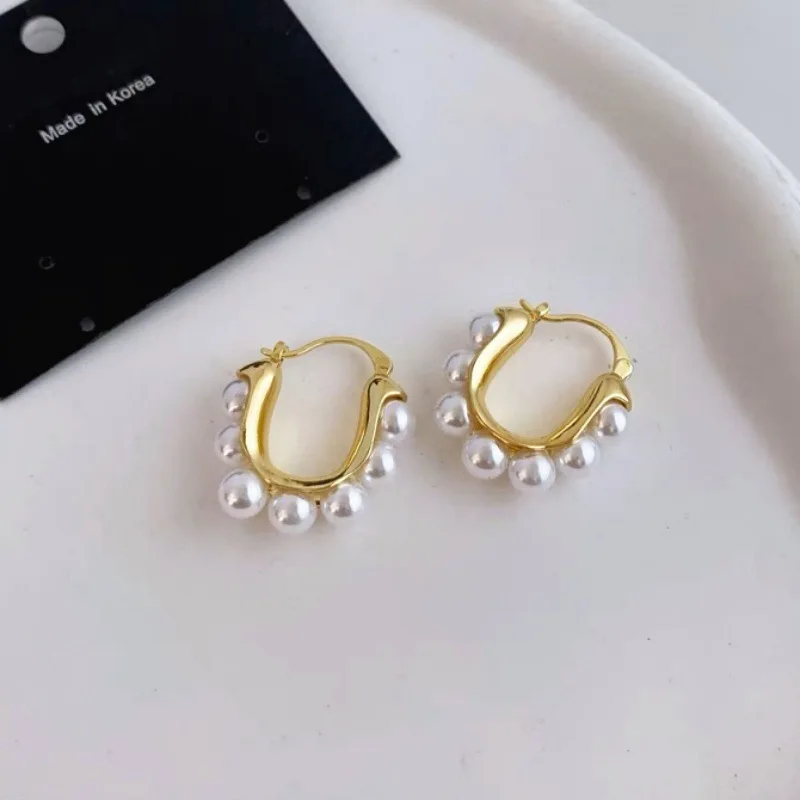 Classic Retro U-shaped Geometric Inlaid Pearl Ear Buckle Women Elegant Fashion Earrings Jewelry Dairy Party Wearing