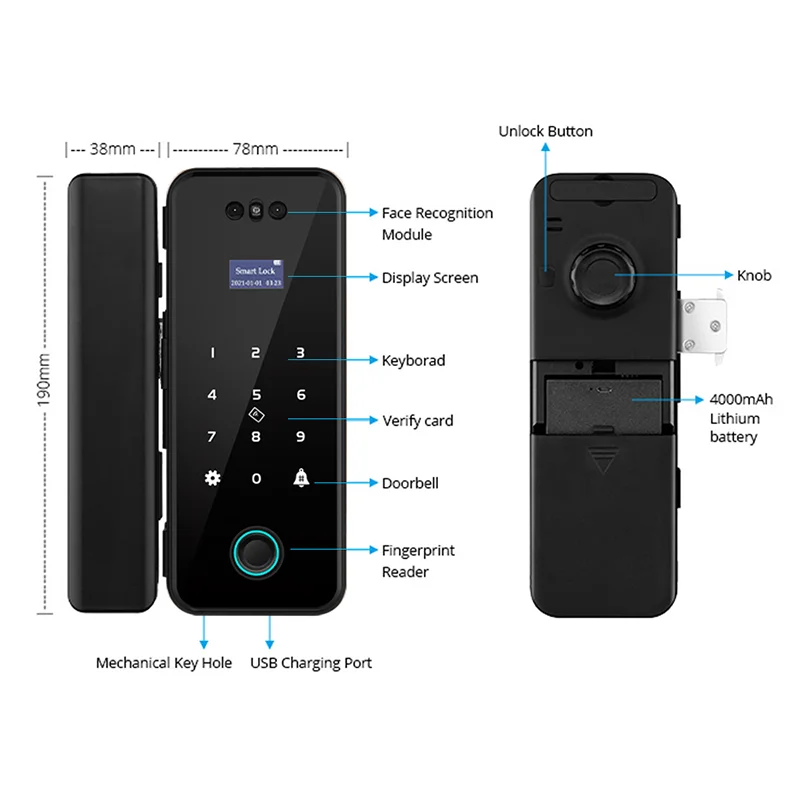 3D Face Recognition แก้วประตูล็อค Biometric Tuya App ระยะไกล WiFi สมาร์ทล็อคลายนิ้วมือ