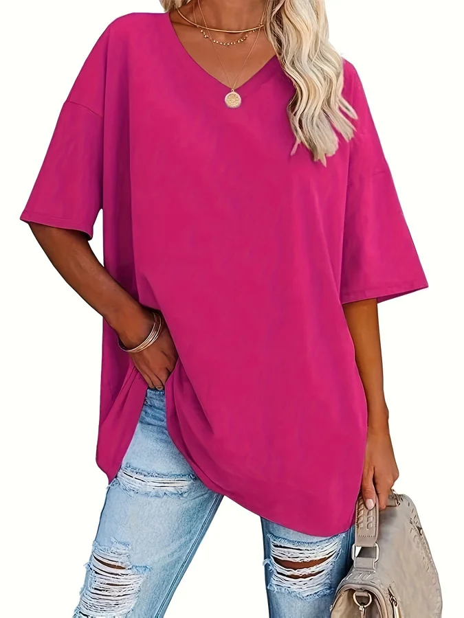 Women's Loose V-Neck Top Spring/Summer New Color Half Sleeve European American Style Clothing Amazon Foreign Trade