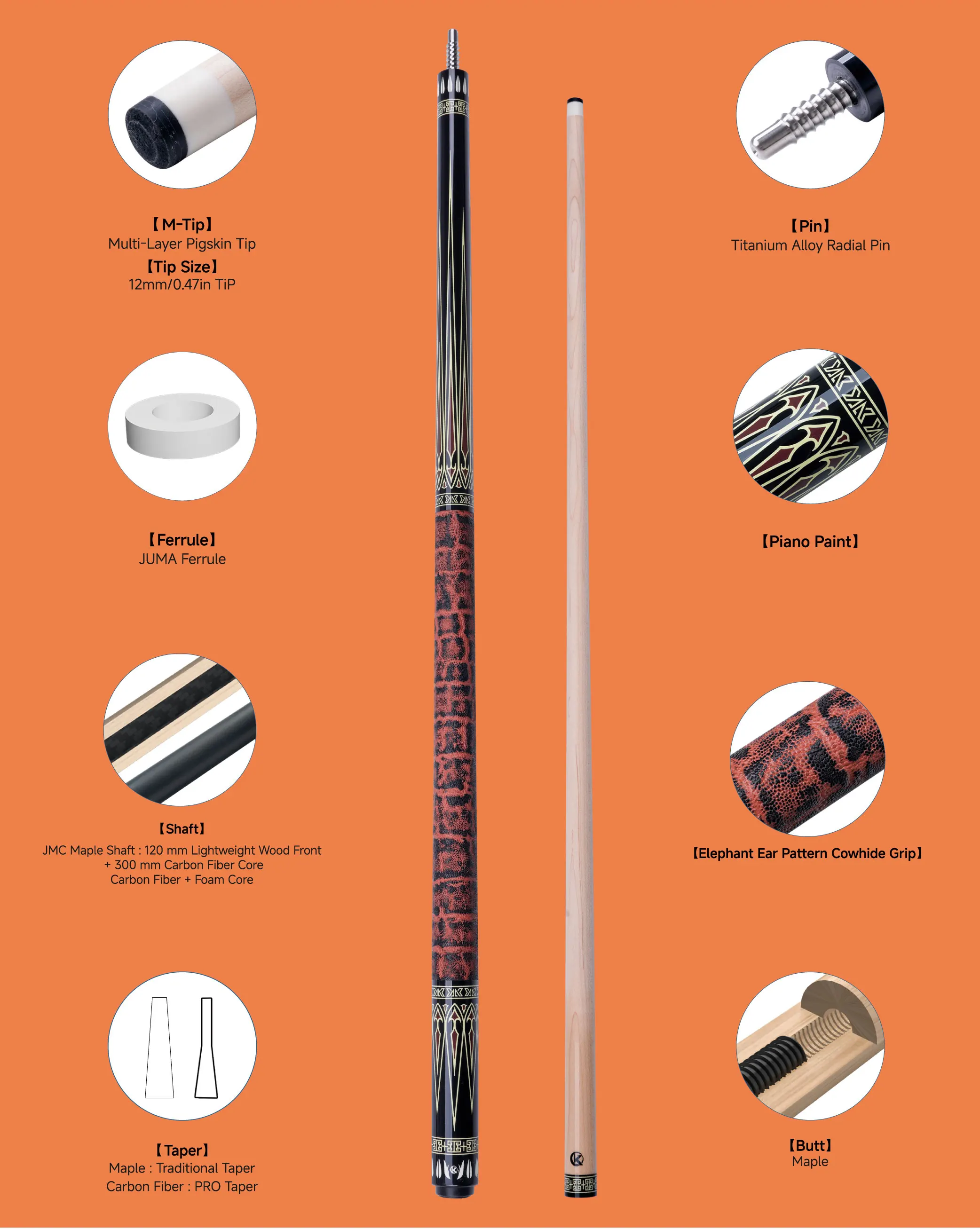Poolqueue mit Carbonfaser-Schaft, geringer Abweichung, Profi-Taper, 12,5 mm Spitze, 3/8x8 Verbindung, K-03 für 8/9-Ball-Billard, KONLLEN – Detail 3