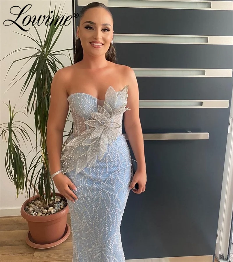 2025 Aso Ebi Sky Blue Mermaid Prom Dress Pearl Crystals 3D Leaf Elegant Evening Dresses Arabic Party Engagement Gowns Customized