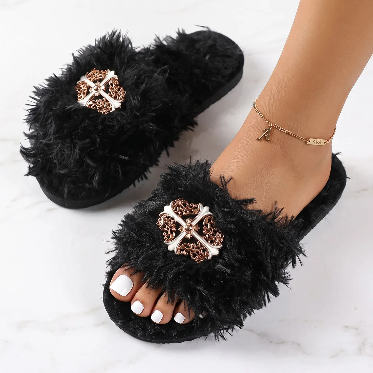 Fashion Women Furry Open Toe Slides Warm Plush Home Slippers Casual Winter Footwear