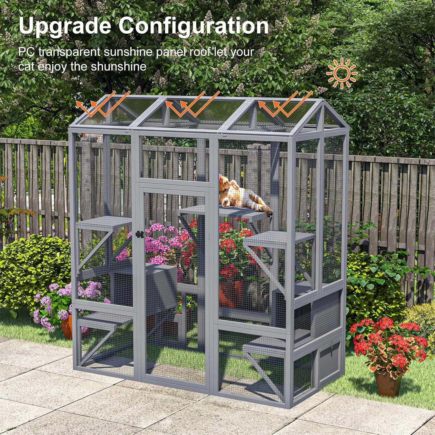 

72 Inch Outdoor Cat Fence, Large Cat House for Multiple Cats, Waterproof Sun Panel Roof with 7 Platforms and 2 Rest Boxes