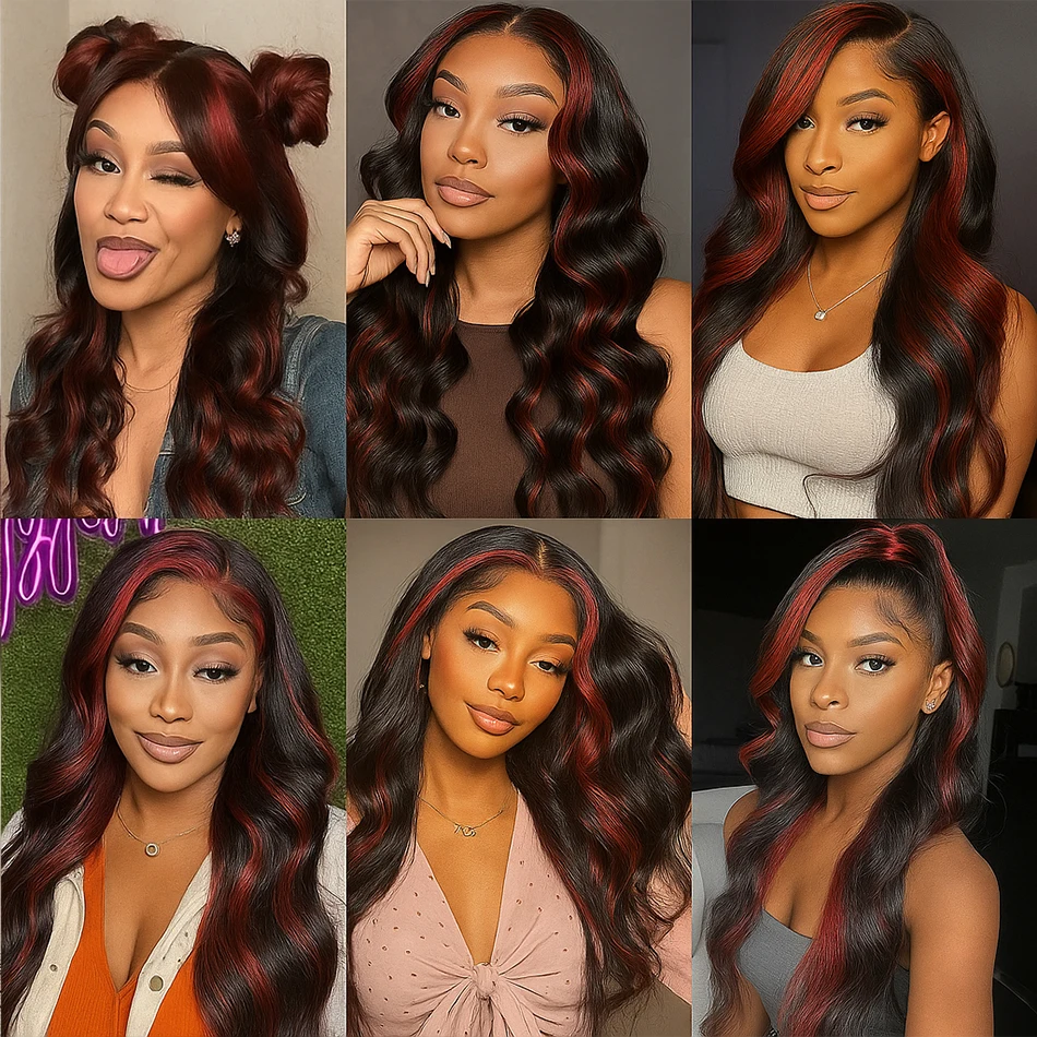 バレイヤージュ 1B/99J 5x5 クロージャーハイライトウィッグ 人毛 ブラジリアンボディウェーブ オンブレ レッドバーガンディカラー 人毛グルレスウィッグ