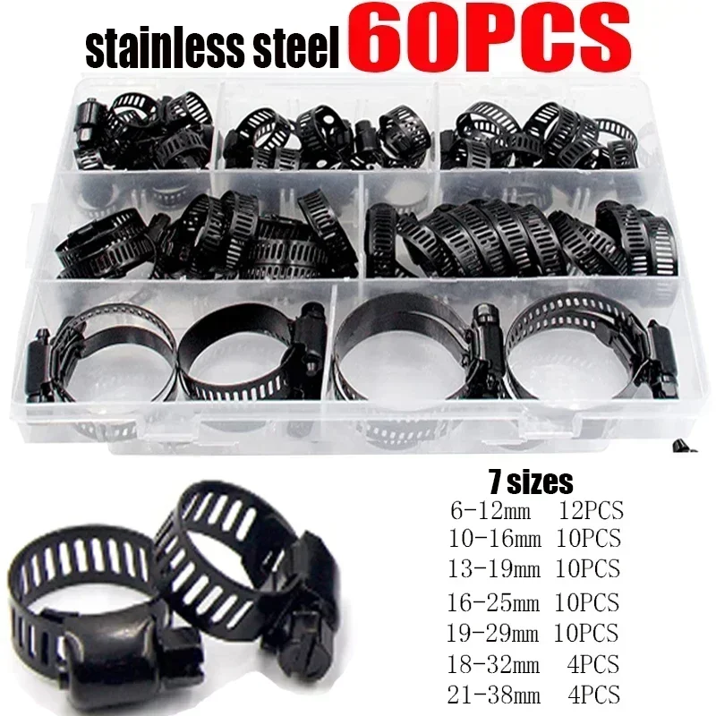 60pcs Clamps Stainless Steel Adjustable 6-38mm Range Worm Gear Black Hose Clamps Kit Clamps for Woodworking Spring Clamp