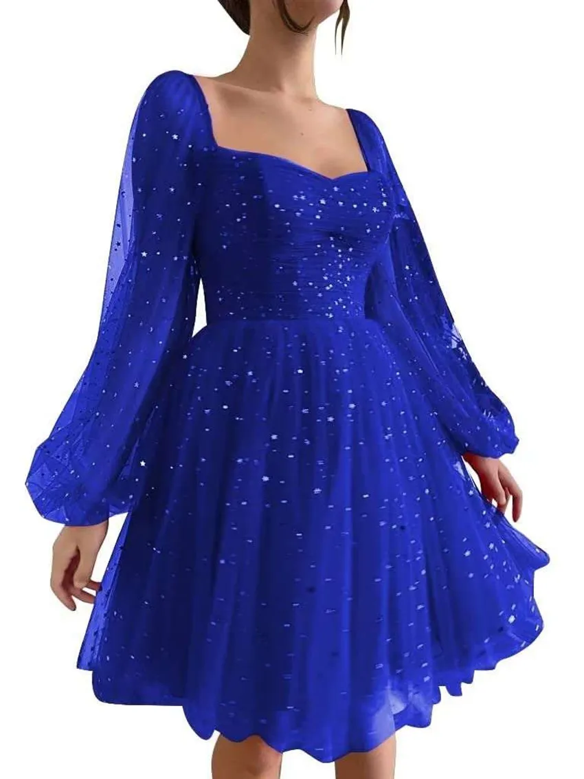Robe de bal courte en Tulle scintillant, personnalisée, Mini robe de Cocktail moelleuse à manches longues, pour événements spéciaux