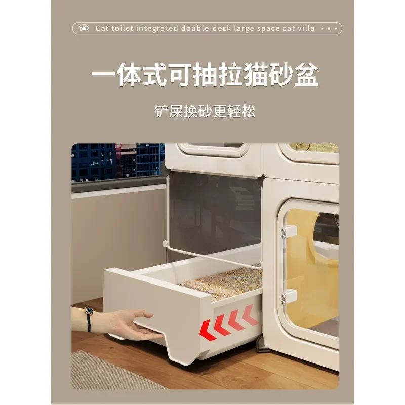 Large Indoor Cat Villa Cage with Integrated Litter Box Multi Level Cat House Cabinet Nest Four Seasons Universal Pet