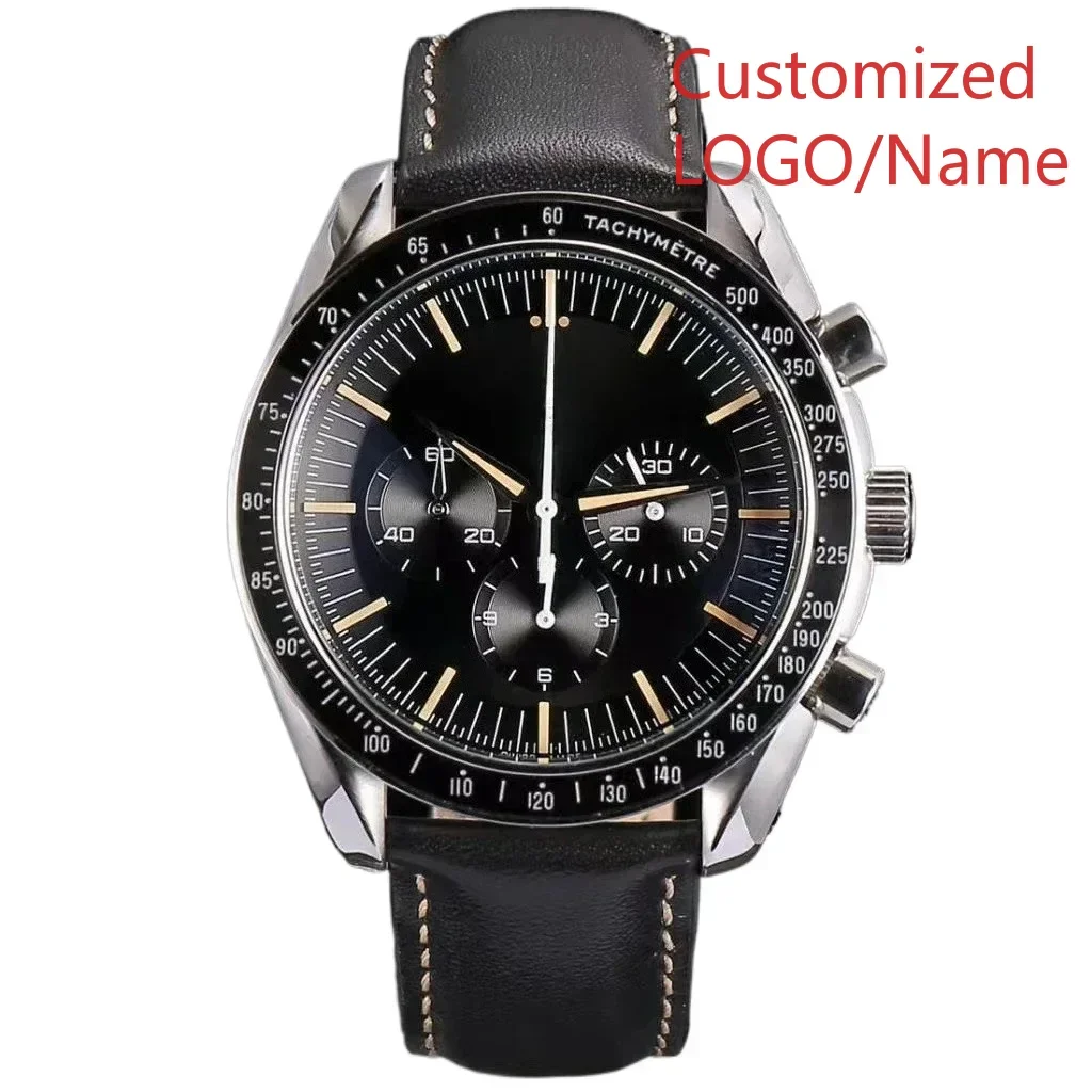 Relojes mecánicos automáticos de lujo para hombre, reloj de acero inoxidable con bisel de cerámica negra, correa de cuero, reloj de pulsera de zafiro personalizado